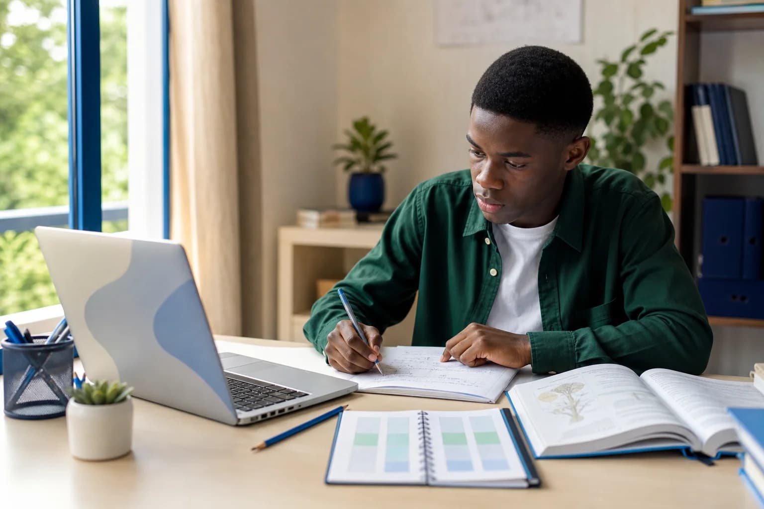 A secondary student studying with a laptop, notebook, and textbook
